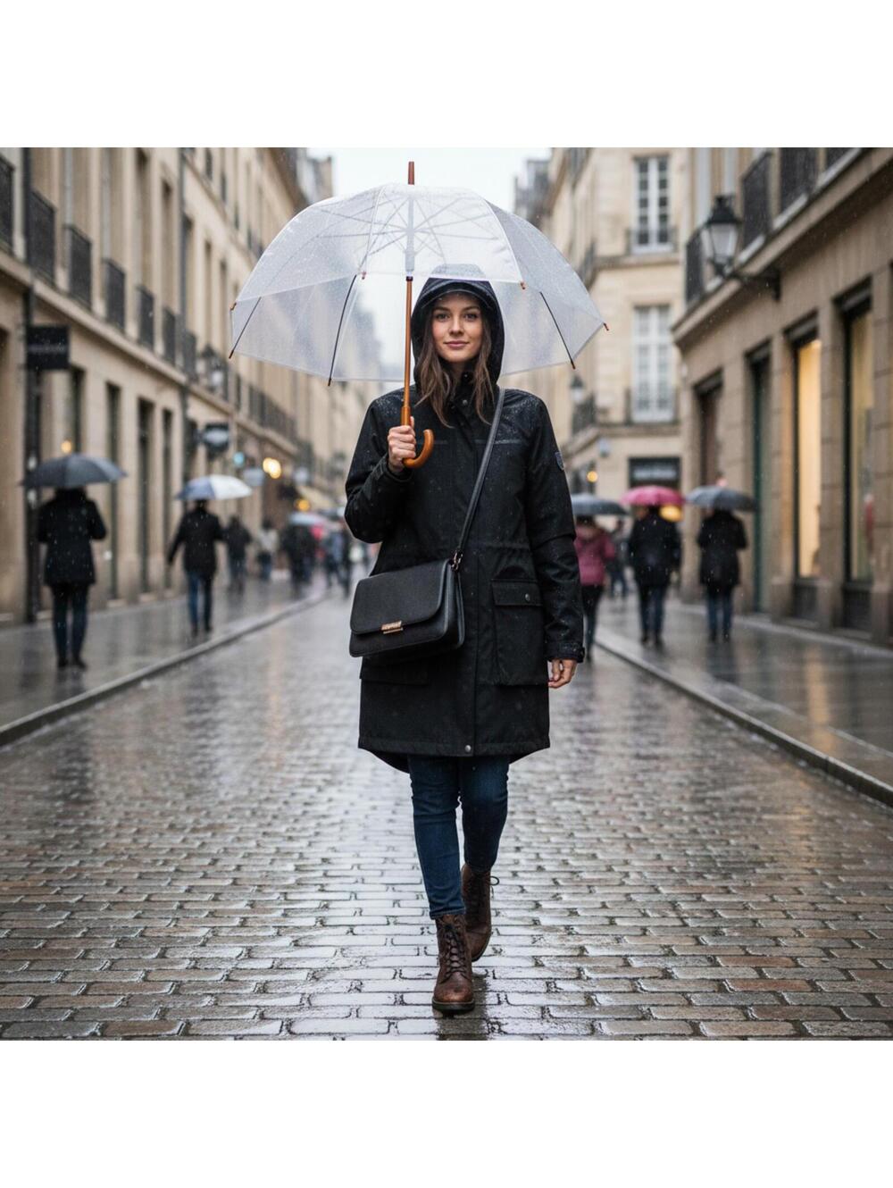New Women's Black DKNY Hooded Raincoat with Front Pockets Size Small